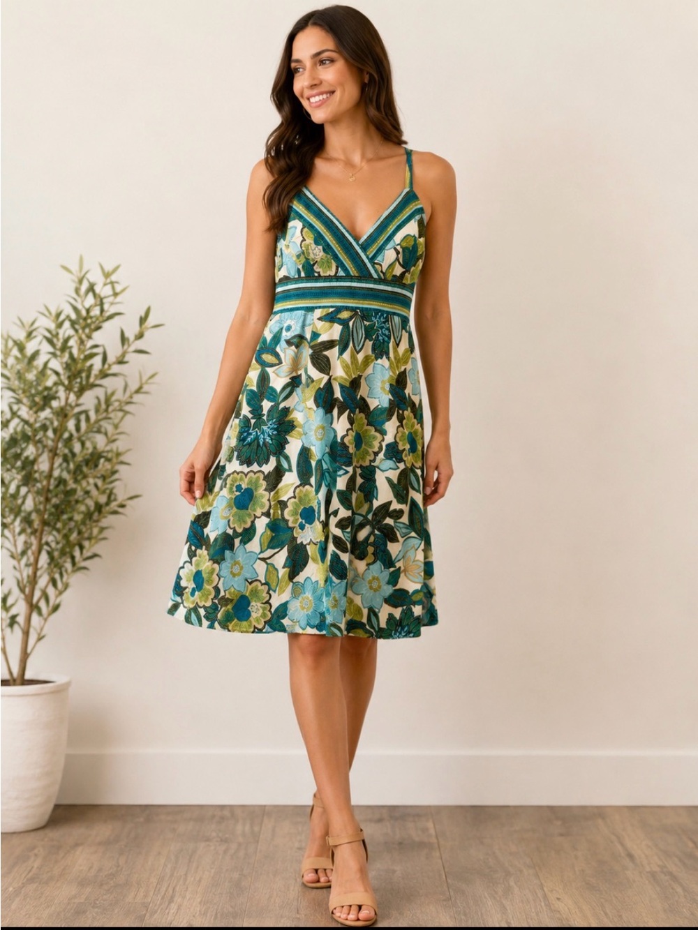R&K Floral V-Neck Sundress in Teal & Green